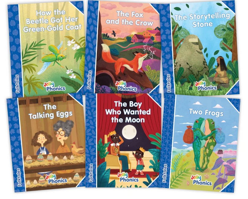 Jolly Phonics Folktales Blue Readers (Level 4) Complete Set (1-6) in Precursive Letters (British English Edition)